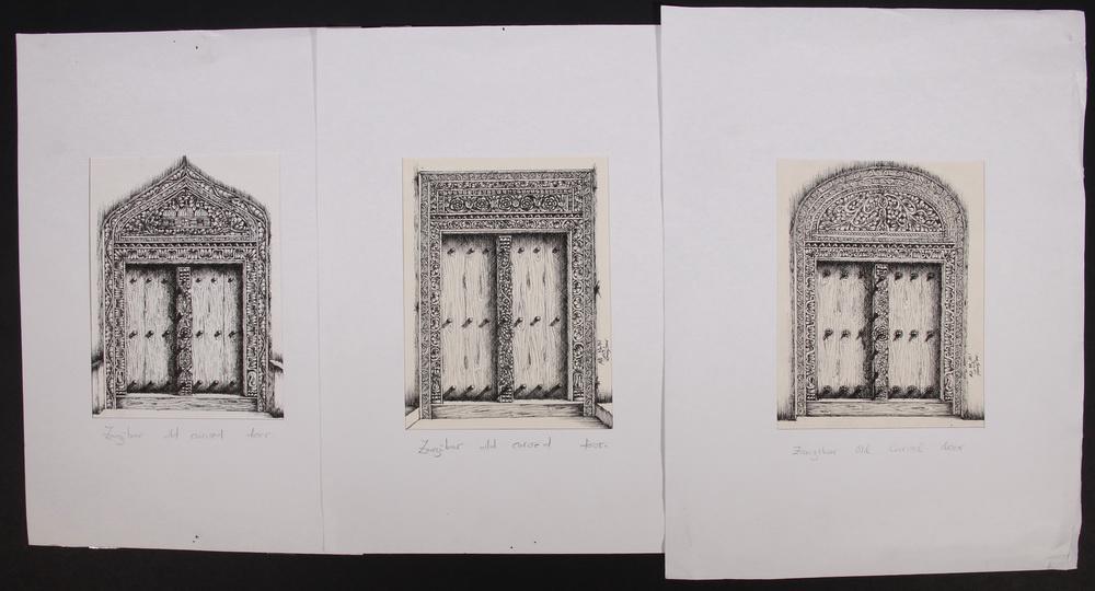 (3) DRAWINGS OF THE DOOR OF ZANZIBAR: Ink Drawings "Zanzibar - Old Carved Door", signed by Ali Habaruku Ali, dated '09, signed with his contact info verso, 6 1/2" x 5" images. Good condition.