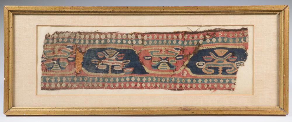 FRAMED INCAN TEXTILE FRAGMENT: Polychrome Textile Fragment Lightning Gods Pre-Columbian, South Coast Peru, Proto-Nazca, ca. 500 to 300 BCE., featuring four masks of Gods, geometric border, in vegetable dyed wool, restored in 1999 b