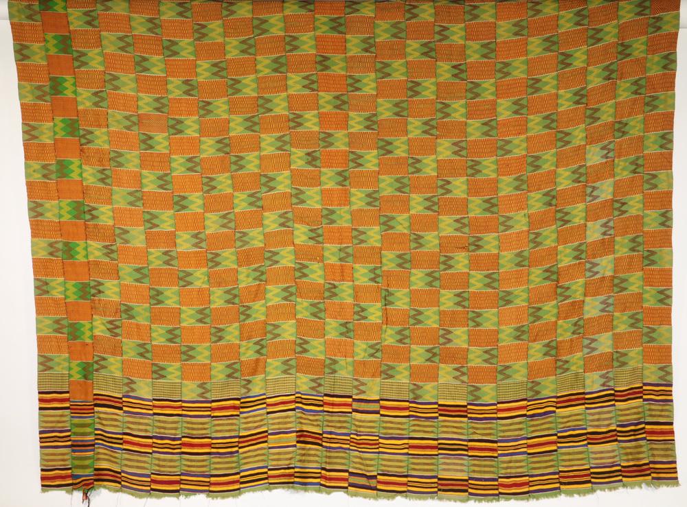KENTE CLOTH FROM GHANA - 10'-3"x 6'-11": Large Piece of African Hand Woven Cotton and Silk Fabric, produced by Ewe People of Ghana, woven on a narrow loom resulting in fabric strips of approximately 4" wide and 5' to 6' long, the fabric stri