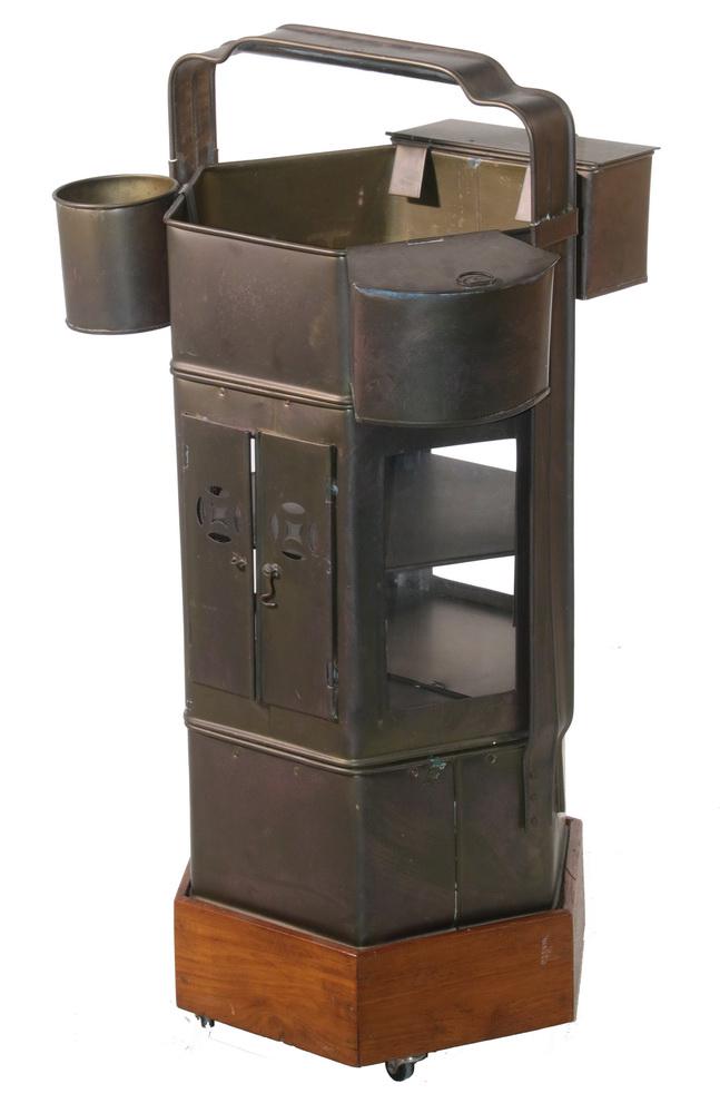 ASIAN BRASS & GLASS NOODLE CART: Asian Street Vendor's Noodle Cart, 20th c., Chinese or Thai, hexagonal shape with glass side panels, hinged doors, fixed top carrying handle, three hanging containers that attach to top rim (two with 