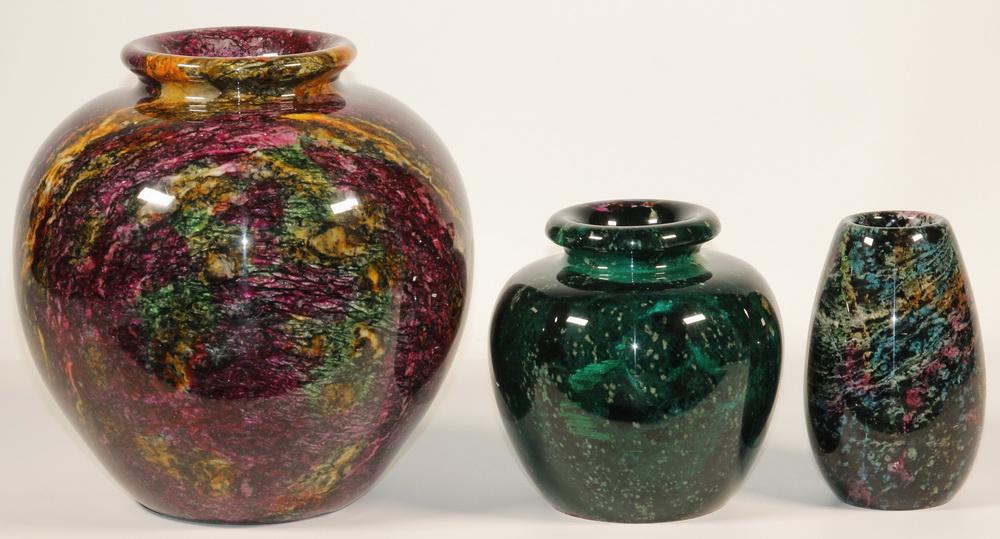 (3) CARVED SEVEN COLOR STONE VASES: Collection of (3) Taiwanese Seven Colors Stone Vases, all with felted bases, each is carved from a block of stone, polished, glazed with acrylic and heated to enhance the color, including: (2) Pot for