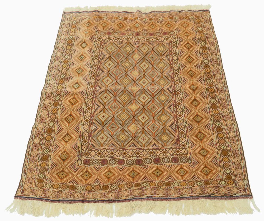 BOKHARA STYLE AREA RUG - 5'-11" x 4'-9": Bokhara style, fine woven. Tan field with brown, ivory and violet geometric design.