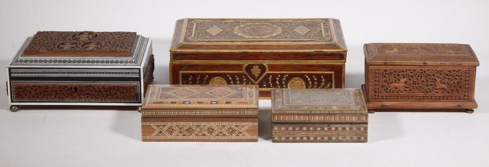 (5) SYRIAN TRINKET BOXES: Group of (5) Syrian Carved Wooden Jewelry or Trinket Boxes, with hinged lids, including: (2) Boxes with intricate parquetry inlay of exotic woods and mother-of-pearl, velvet lined interiors, 2" high, 