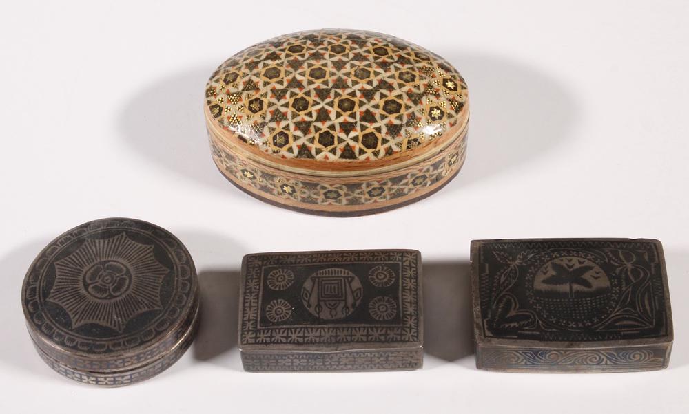 (3) INDIAN NIELLO POCKET BOXES & (1) OVAL INLAID BOX: Snuff Boxes, round with rosette, 2" diam.; rectangular with palm tree and birds, 2 1/4" x 1 1/2"; rectangular with temple, 2" x 1 3/8"; PLUS Brass, bone and stone inlaid oval domed box, 3 1/4" x 2 1/4