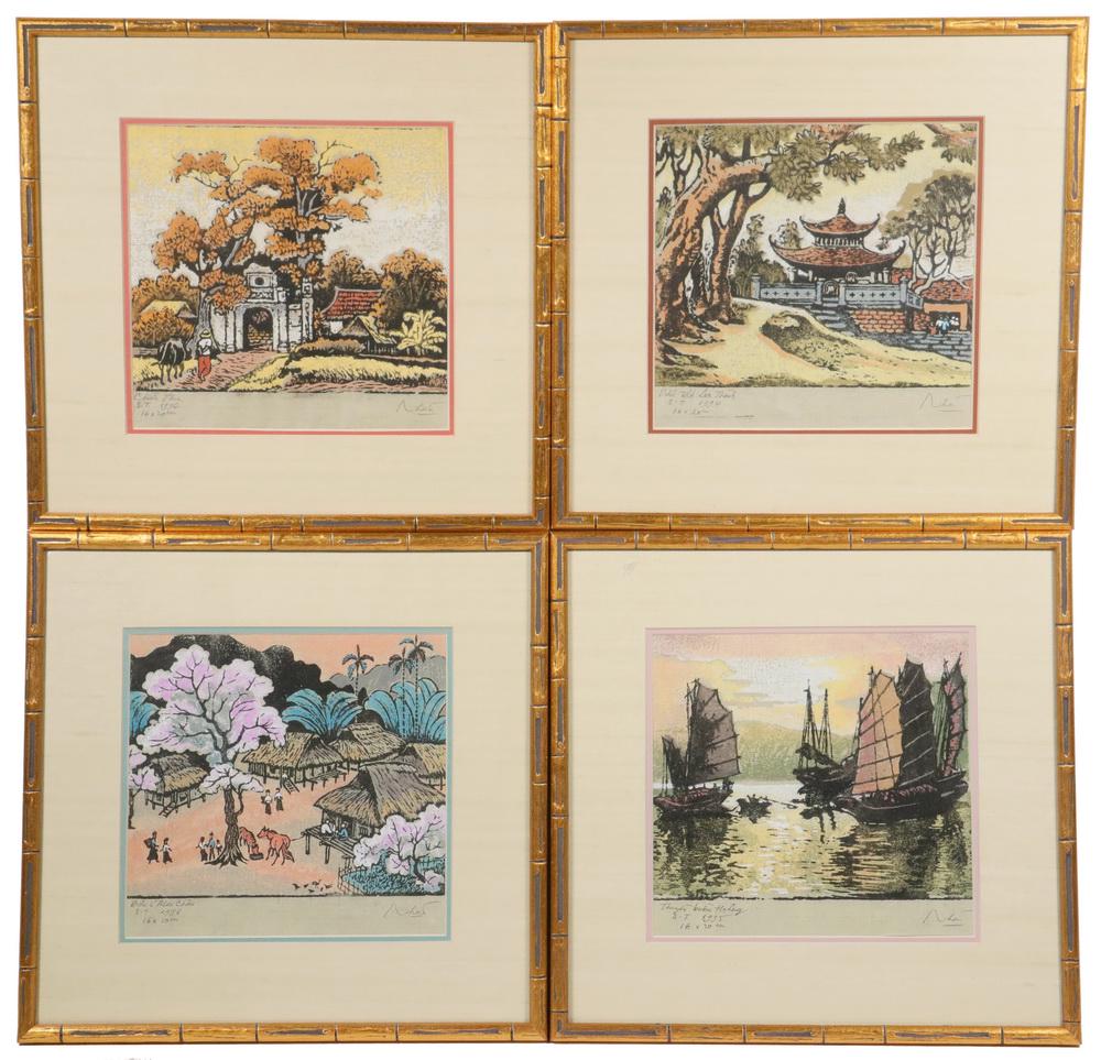 (10) SMALL FRAMED VIETNAMESE COLOR WOODCUTS: Possibly by Luu Cong Nhan (1931-2007), including: Genre Scenes a la 100 Views of Edo, all pencil signed, dated in the 1990s and giving the locations. In gilt faux bamboo frames, linen mats, glazed, OS