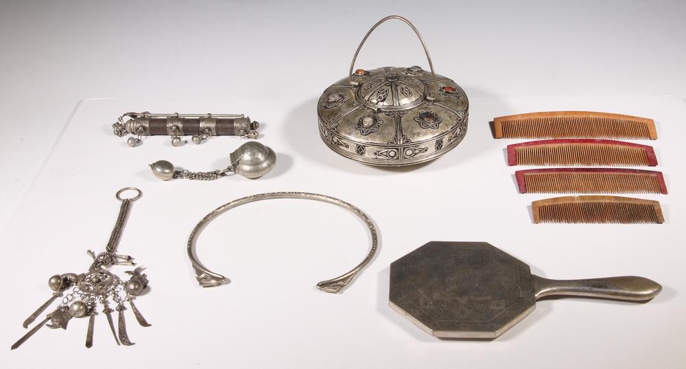 (10) ASIAN & MIDDLE EASTERN ACCESSORIES: Collection of (10) Assorted Asian & Middle Eastern Items, including: White metal collapsible lantern with applied metal decoration and set with semi-precious stones, interior with candle holder and fo
