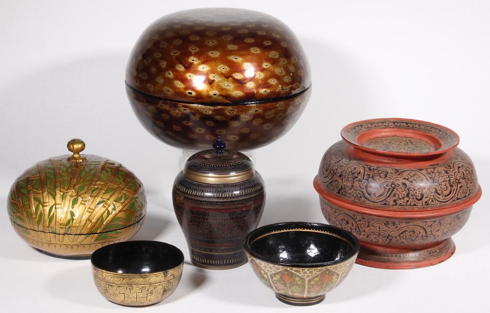 (6 PCS) BURMESE LACQUERWARE: Group of (6) Lacquered Vessels Crafted in Myanmar/Burma, including: Large bamboo decorated covered dish, with lid finial, 6 1/2" high, 8 1/4" diam., crack to inside of lid near rim; Lidded ginger jar