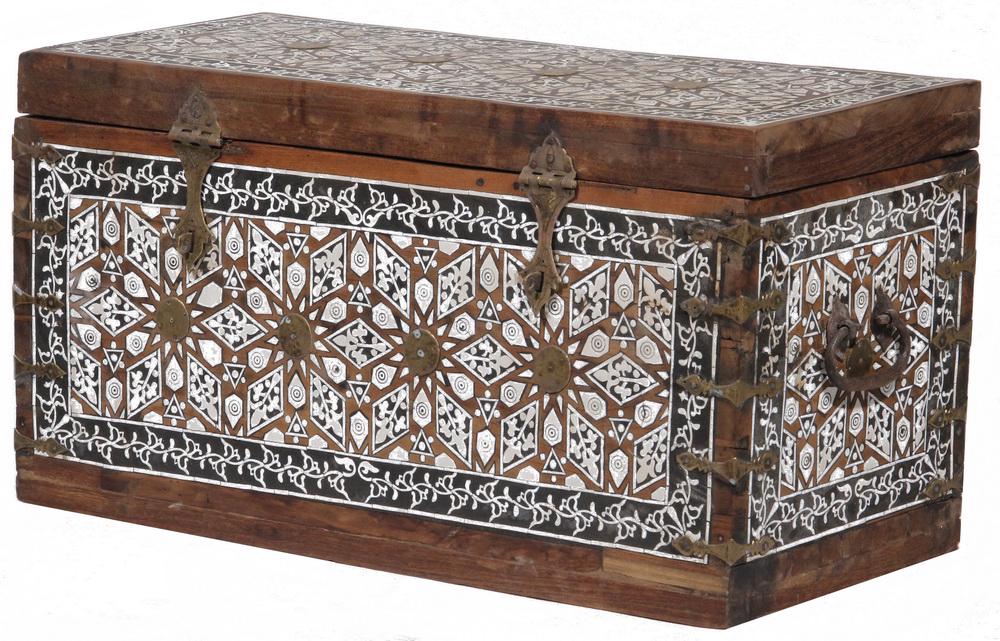 INLAID WOODEN CHEST, OMAN: Small Hardwood Chest with traditional bone, ebony and brass inlay, overall decoration on all sides, decorative brass hasp, covered till inside, 14 1/2" x 28" x 11 1/4". Refinished.