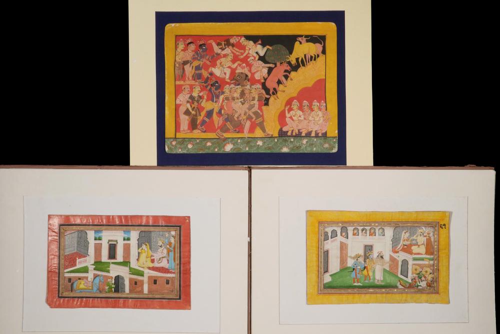 (3) MUGHAL STYLE PAINTINGS: Indian Gouache and giltwork on old paper, in brown paper folios, including: Kali gathering souls, 7 1/4" x 9 1/2"; PLUS Couple watching arrival of visitor with horse from a balcony, 5 1/4" x 8"; PLUS 
