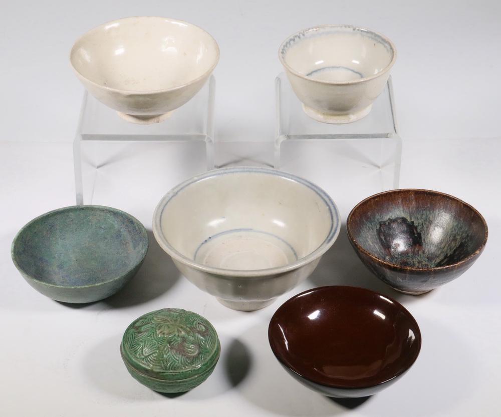 (7) THAI BOWLS: Collection of (7) Assorted Bowls from Thailand, including: (2) Glazed pottery footed bowls with blue decoration, 2" high, 3 3/4" diam. and 2 3/4" high, 5 1/2" diam., larger with top rim glaze frit and