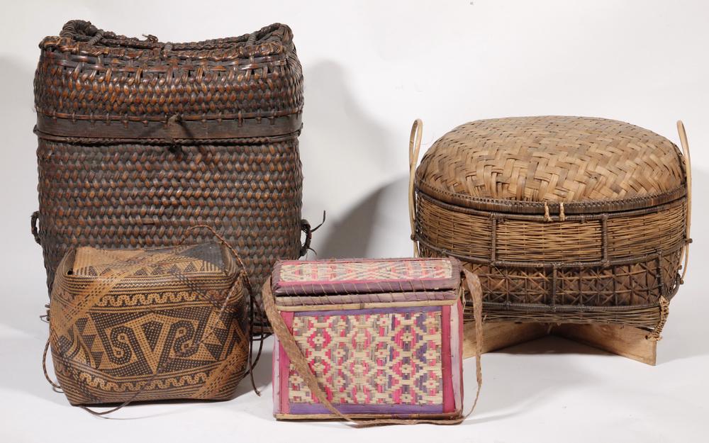 (4) LARGE LIDDED BASKETS: Collection of (4) Southeast Asian Lidded Baskets, including: Intricately woven basket with fold in lid and strap (broken), 9" high, 10" x 6 1/2", some weaving losses at top edge; Multicolor rectangula