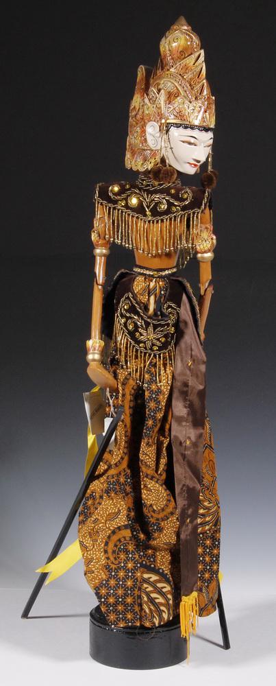 INDONESIAN PUPPET WITH STAND: Hand Crafted Wayang Golek Articulated Stick Puppet, depicting Rama from the epic Ramayana, in original box with display stand, with tag from Galeri Cupumanik, West Java, puppet: 24" high, box: 27" hig