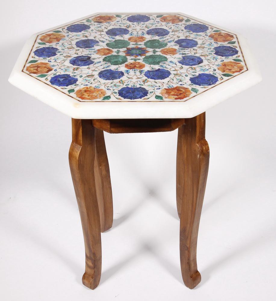 INLAID MARBLE TOP SIDE TABLE: Contemporary Octagonal Shape Inlaid Marble Top Side Table from Agra, India, with wooden base, white marble top is inlaid with lapis, malachite, carnelian, 18 3/4" high, 17 1/4" diam. Good condition.