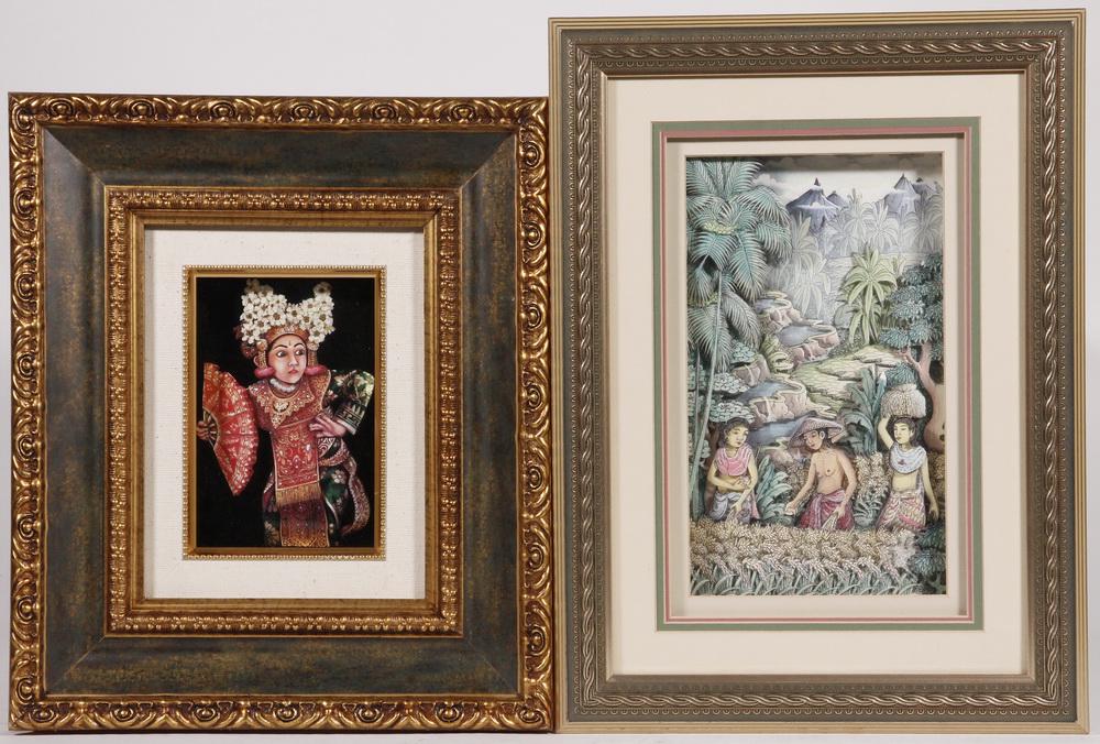 (2) CUT PRINTED PAPER FRAMED DIORAMAS, INDONESIA: 20th c. DImensional Shadowbox Portraits of a dancing Woman with a Fan & Three Laborers in a Complex Landscape, in similar gold and green cast frames, under plexiglas, OS: 13 1/2" x 11 1/2" & 15" x 11"