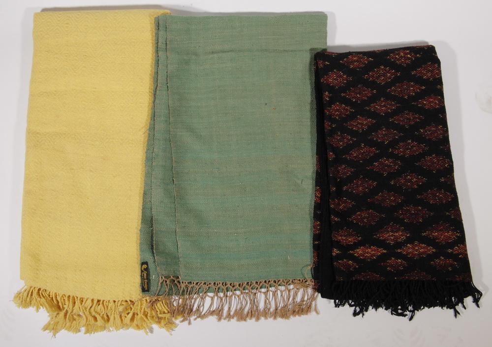 (3) CAMBODIAN WOVEN TEXTILES: Group of (3) Tablecloths, woven in Cambodia from natural fibers including lotus, with fringed ends, including: Yellow panel, with tag "Lotus Pond, Cambodia", 44" x 92" (w/o fringe); Green panel, with 