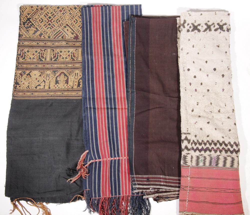 (4) INDONESIAN TEXTILES: Group of (4) Woven Textiles from Indonesia, geometric designs, three Ikat and one Songket, including: Ikat weaving, three pieces sewn together, nubby texture, fringed ends, 38 1/2" wide x 74" long plu