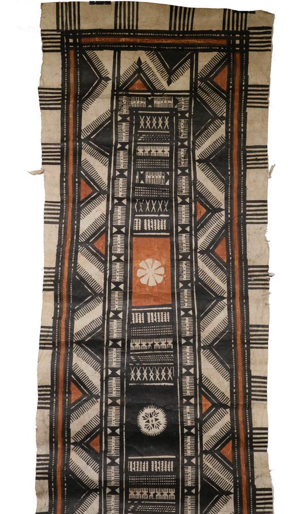 BLOCK PRINTED BARK CLOTH TABLE RUNNER, FIJI: Orange and Dark Brown Geometric design, 94" (7'-10") x 20 1/2". Good condition.