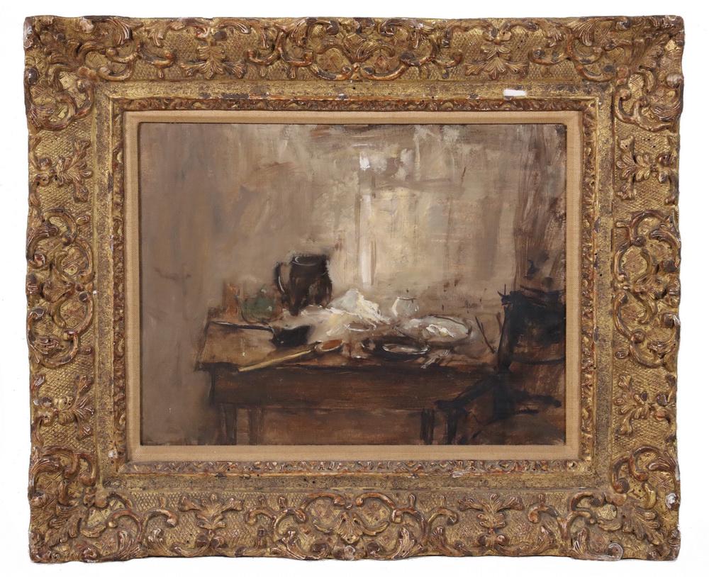 SEYMOUR REMENICK (PA/MI, 1923-1999): "Tabletop Still Life", oil on panel, signed lower left, titled and dated 1961 on Davis Galleries 231 E 60th St, New York label verso, also label indicating this was part of the Collection of Mrs. Edwa