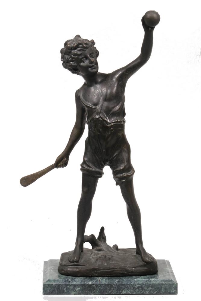FRANZ IFFLAND (GERMANY, 1862-1935): "Cricket Boy", patinated cast bronze on green marble plinth, signed on the integral base, 15" tall overall. Good condition.