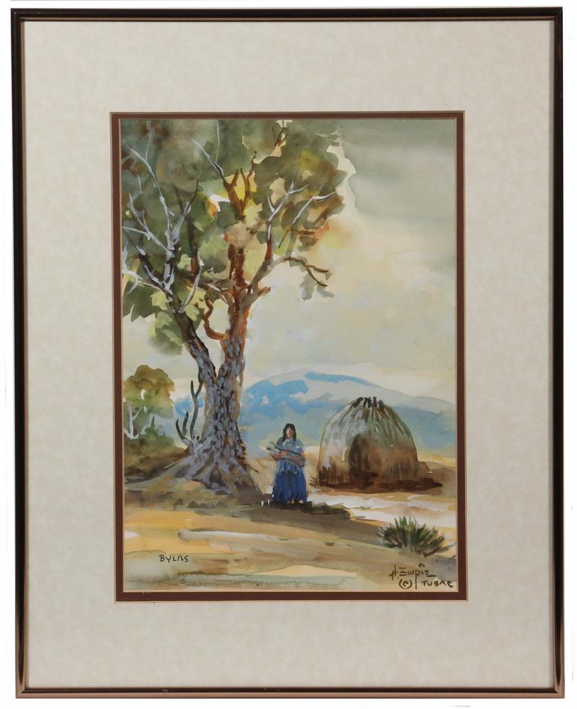 HAL (HART H) EMPIE (AZ, 1909-2002): "Bylas", depicting an Apache Wikiup (winter hut), watercolor on paper, signed lower right and marked 'Tubac' (location of his studio in Arizona), titled lower left 'Bylas', an area within the San Carl