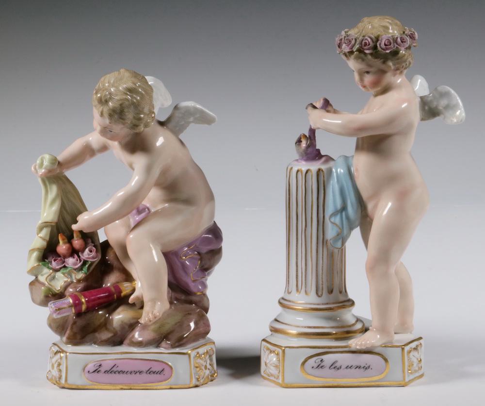 (2) MEISSEN FIGURINES: (2) Meissen Porcelain Figurines Depicting Cherubs, "Le Decouvre Tout" and "Le Les Unis", with blue crossed swords mark on bases, 5 1/2"" high, 3" x 2 1/2" and 4 3/4" high, 3 1/4" x 2 1/2". One has a m