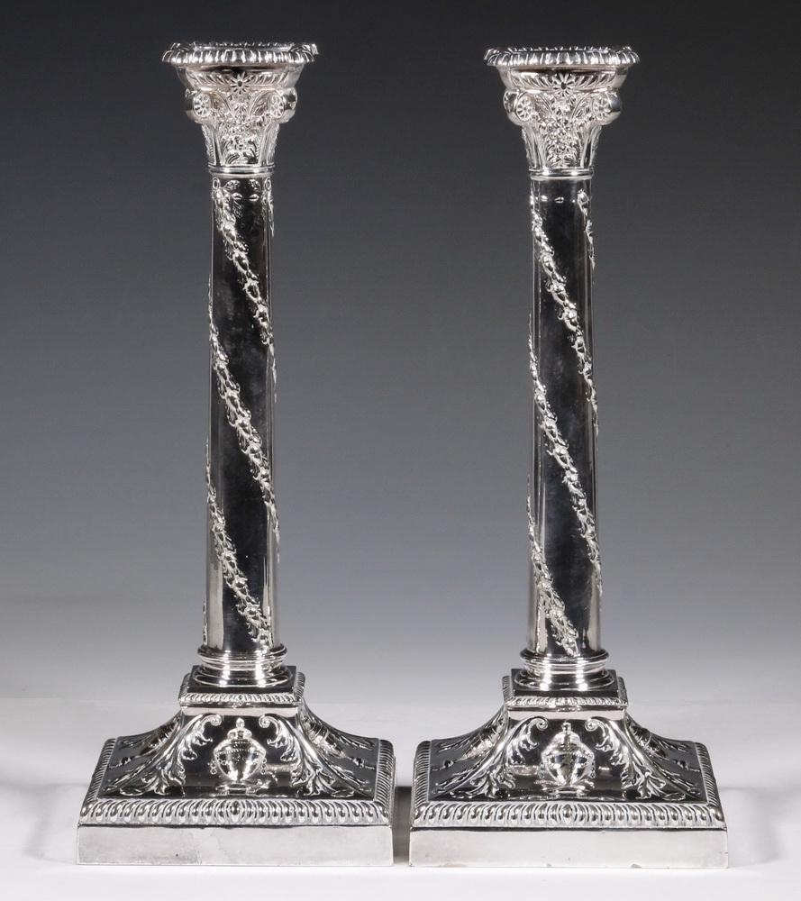 PR ENGLISH SHEFFIELD CANDLESTICKS: Pair of Late 19th c. Walker & Hall (Sheffield) Silver-Plate Corinthian Column Candlesticks, 1893 date letter, with acanthus leaf, acorn and urn decoration, weighted bases, 13 1/4" high, 5 1/4" sq. A f