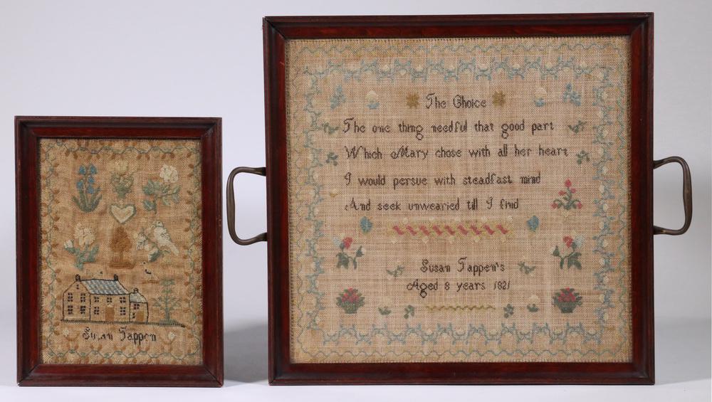 (2) EARLY 19TH C. AMERICAN SAMPLERS: Both petit point wool on linen, by Susan Tappen, one converted to a tray with mahogany frame, brass handles and glass, reads "The Choice; The one thing needful that good part, Which Mary chose with al