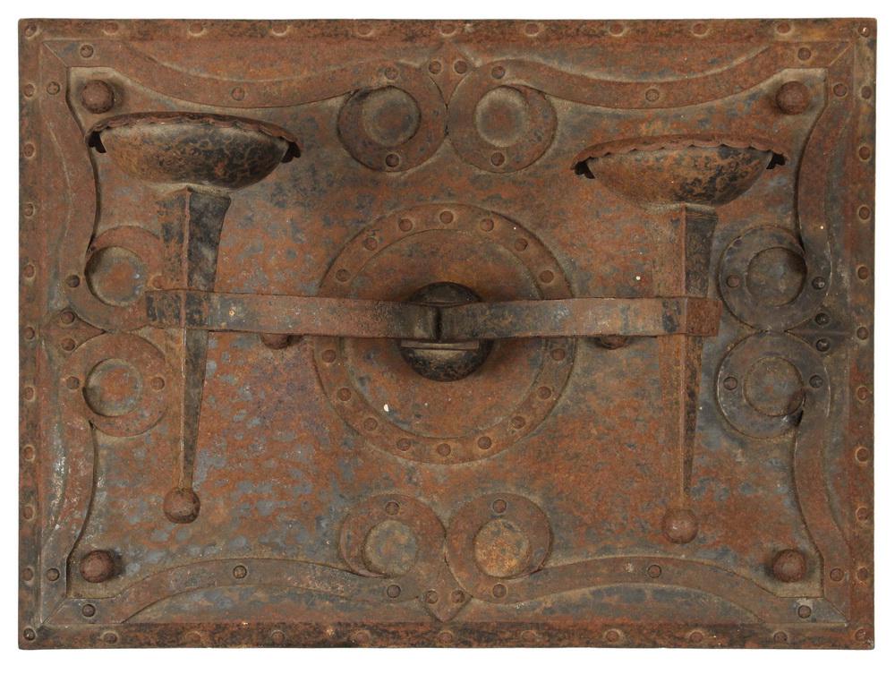 ORNATE HAND FORGED WALL SCONCE WITH CONCEALED SAFE: Circa 1920 Wall Mounted Safe with Iron Two-Arm Candle Sconce Concealment, having secret turn latches to release, keyed locking flush-mount door (no key), 10" deep x 11" x 10" safe, 10" x 14" wall plat