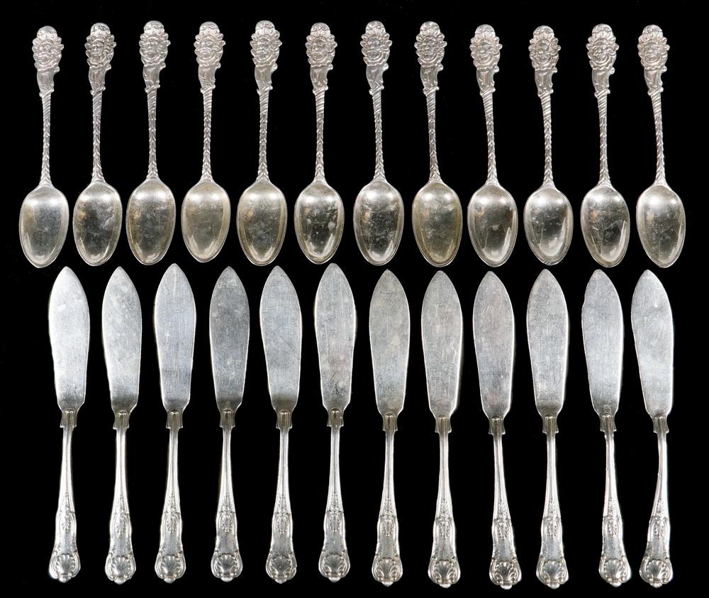 (24 PCS) ENGLISH SILVER FLATWARE: Group of (24) Pieces of English Sterling Flatware, including: (12) Victorian era demitasse spoons by Chawner & Co. (George William Adams), London, 1868 & 1869, in unusual figural pattern depicting a b