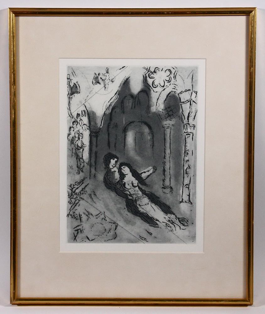 MARC CHAGALL (NY/FRANCE/RUSSIA, 1887-1985): "The Marriage", etching on paper, unsigned, titled on Franz Bader Gallery of Washington, DC label verso, in gold molded box frame, matted under plexiglas, OS: 21 1/2" x 17 1/2", Impression: 13" x 9 1/