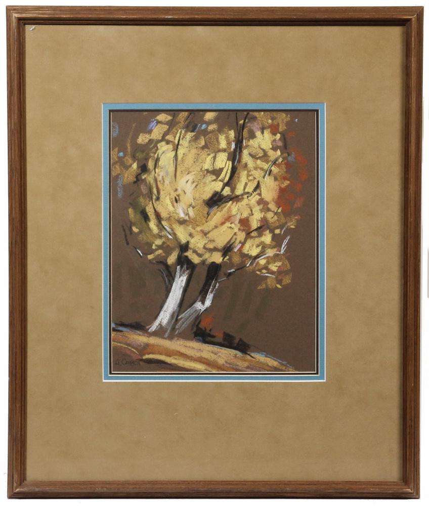 HUGH CABOT (AZ/MA, 1930-2005): Yellow Tree, pastel on brown illustration board, signed lower left, in molded oak stick frame, OS: 22" x 18", SS: 11 1/2" x 9". Fine condition.