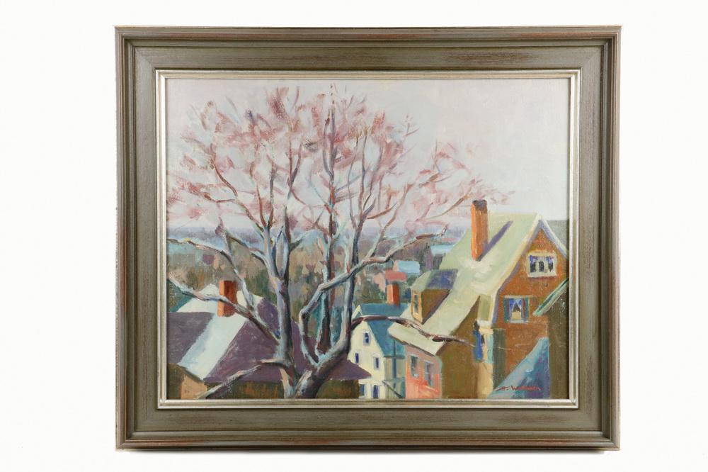 HELEN WATSON (20TH C. MAINE): Village Viewed from Upper Floor, with budding tree, oil on canvas board, signed lower right, consigned by the family, housed in a grey cove molded frame with silver lip, OS: 21" x 25", SS: 15 1/2" x 1