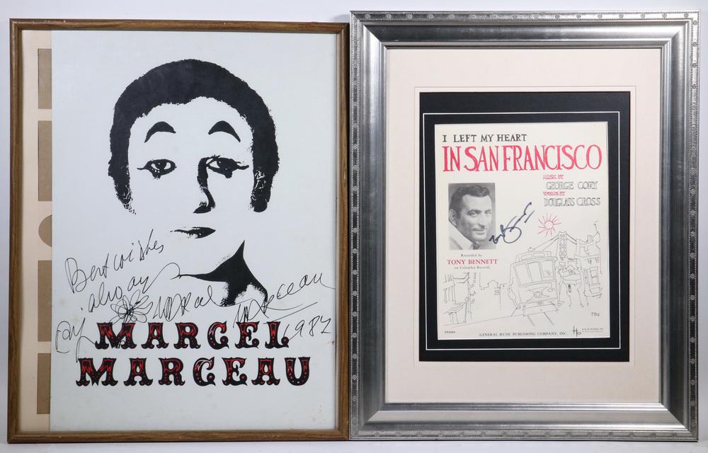 (2) ENTERTAINER SIGNED ADVERTISEMENTS: Poster signed by mime MARCEL MARCEAU (1923-2007), dated 1987, on a portrait poster, poorly framed, 20" x 14" poster in 21" x 16 1/2" frame, under glass, minor foxing; PLUS Sheet Music for "I Left My H