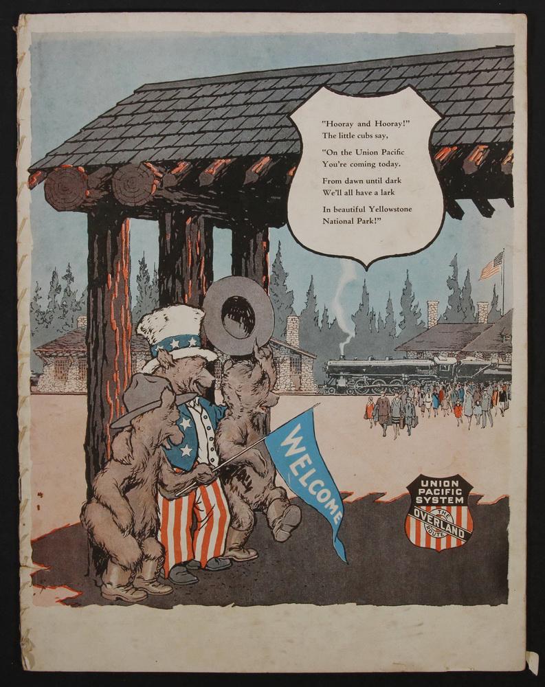 RARE UNION PACIFIC LITTLE BEARS BOOKLET BY OEHRLE: Promotional Booklet for Yellowstone National Park, 1923, for the Union Pacific Overland Railroad, 18 pages of illustration by Walter Oehrle (creator of 'Elsie the Cow'), having lyric stanzas, map at c