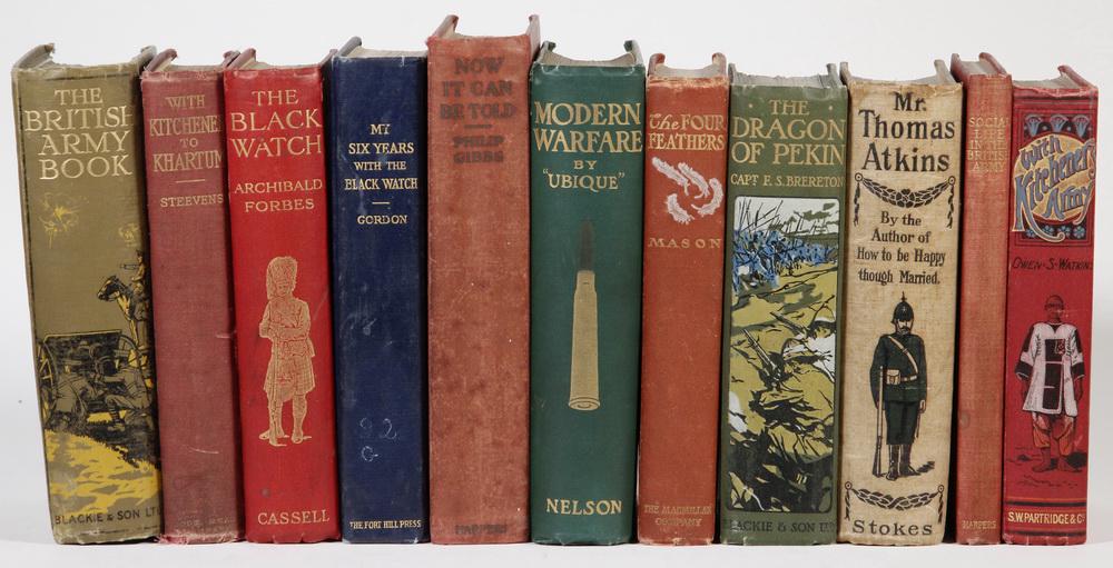 (11) EARLY BOY'S BOOKS ON THE MILITARY: Including: "The British Army Book" by Paul Danby & Lt. Col. Cyril Field; Blackie & Son, London, n.d. (ca. 1900); PLUS "With Kitchener to Khartum" by G.W. Steevens; New York, Dodd, Mead & Co., 1899; PL