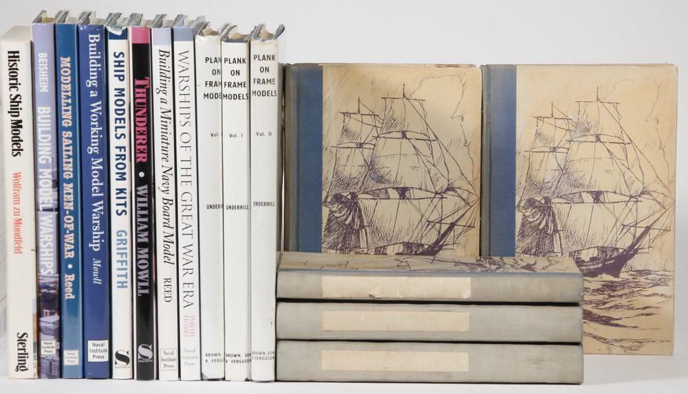 (16) TITLES SHIP MODEL MAKING, ONE DUPLICATE: Including: (5 vols) "Ships and Ship Building", 1932-1937, published in London; PLUS (2 vols) "Plank on Frame Models and Scale Masting & Rigging" by Harold A. Underhill; Glasgow, Brown, Son & Ferguson,