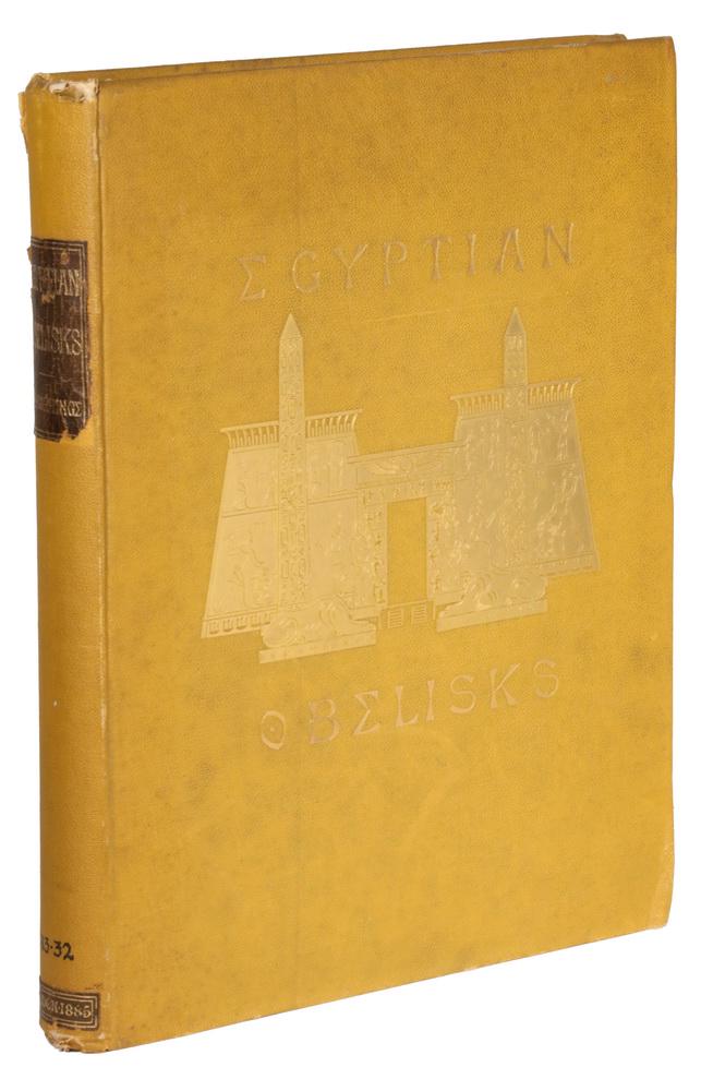 1885 FOLIO ON EGYPTIAN OBELISKS BY A US NAVAL OFFICER: Gorringe, Lt. Comm. Henry H.; "Egyptian Obelisks" with fifty full-page illustrations, including thirty-one artotypes, eighteen engravings and one chromolithograph. London, John C. Nimmo, 1885. In yell