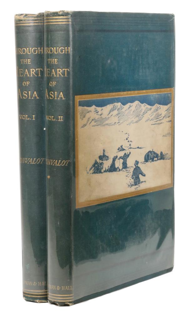 RARE (2 VOL SET) 1880S FRENCH EXPLORER IN CENTRAL ASIA: Bonvalot, Gabriel; "Through the Heart of Asia", Chapman & Hall, Ltd.; London, 1889. First English edition, two volumes, blue-green cloth with gilt title, applied illustration on front board, green end