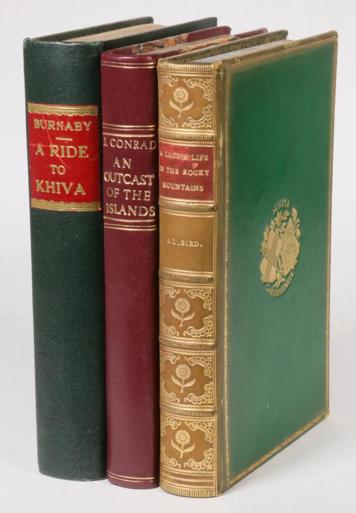 (3) SCARCE 19TH C. FIRST PERSON EXPLORATION OR TRAVEL: Including: "A Lady's Life in the Rocky Mountains" by Isabella L. Bird, with illustrations, sixth edition, London, John Murray, 1894. Fine binding, full green calf, raised spine, applied label, gilt de