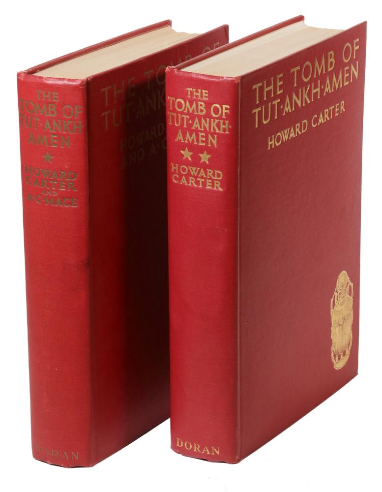 (2 VOL) AMERICAN 1923 FIRST ED EGYPTIAN EXPLORATION BY: Carter, Howard, Mace A.C.; "The Tomb of Tut Ankh Amen, discovered by the Late Earl of Carnarvon and Howard Carter, crimson cloth binding with gilt titles and decoration, Egyptian themed decorative end