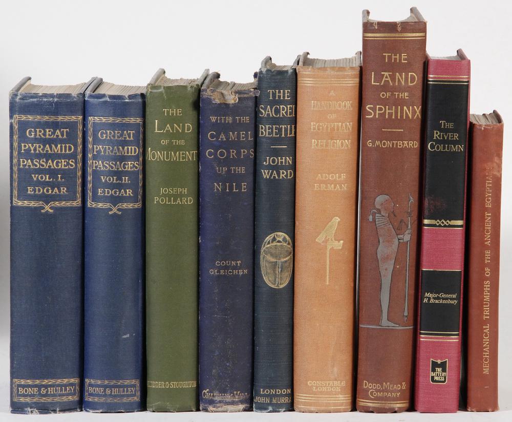 (8) TITLES IN (9 VOLS) BOOKS ON EGYPT: Including: (Vols I & II of 3) "The Great Pyramid Passages and Chambers" by John Edgar and Morton Edgar, Glasgow, Bone & Hulley, 1923; PLUS "The Land of the Monument, Notes of Egyptian Travel" by Josep