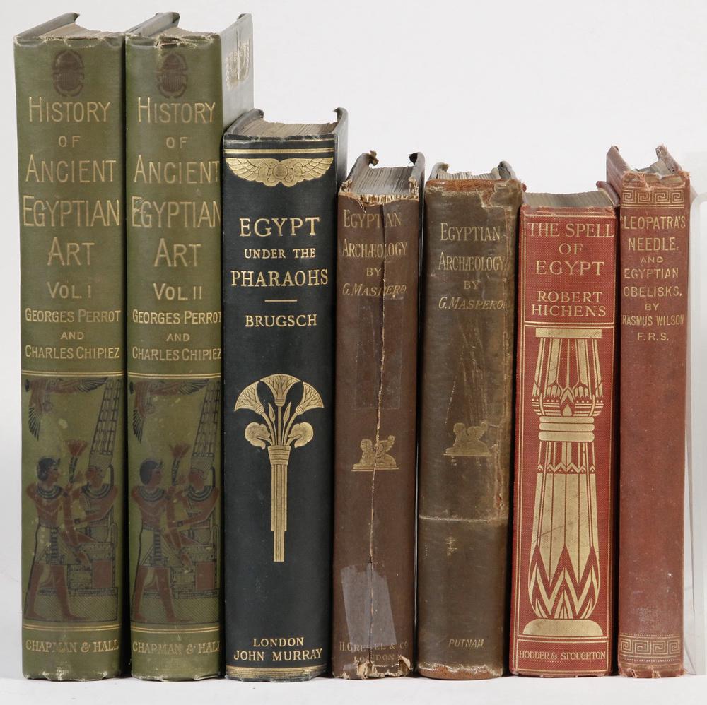 (5) TITLES IN (7 VOLS) BOOKS ON EGYPT: Including: "A History of Art in Ancient Egypt, from the French of Georges Perrot and Charles Chipiez, trans by Walter Armstrong; London, Chapman and Hall, Ltd., 1883; PLUS "Egypt Under the Pharaohs, H