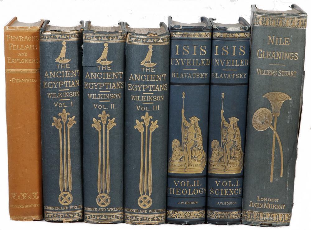 (4) 19TH C. TITLES ON EGYPT IN (7 VOLS): Including: "Pharaohs, Fellahs and Explorers" by Amelia B. Edwards, New York, Harper & Brothers, 1892; PLUS (3 vols) "The Manners and Customs of the Ancient Egyptians" by Sir I. Gardiner Wilkinson, .C.