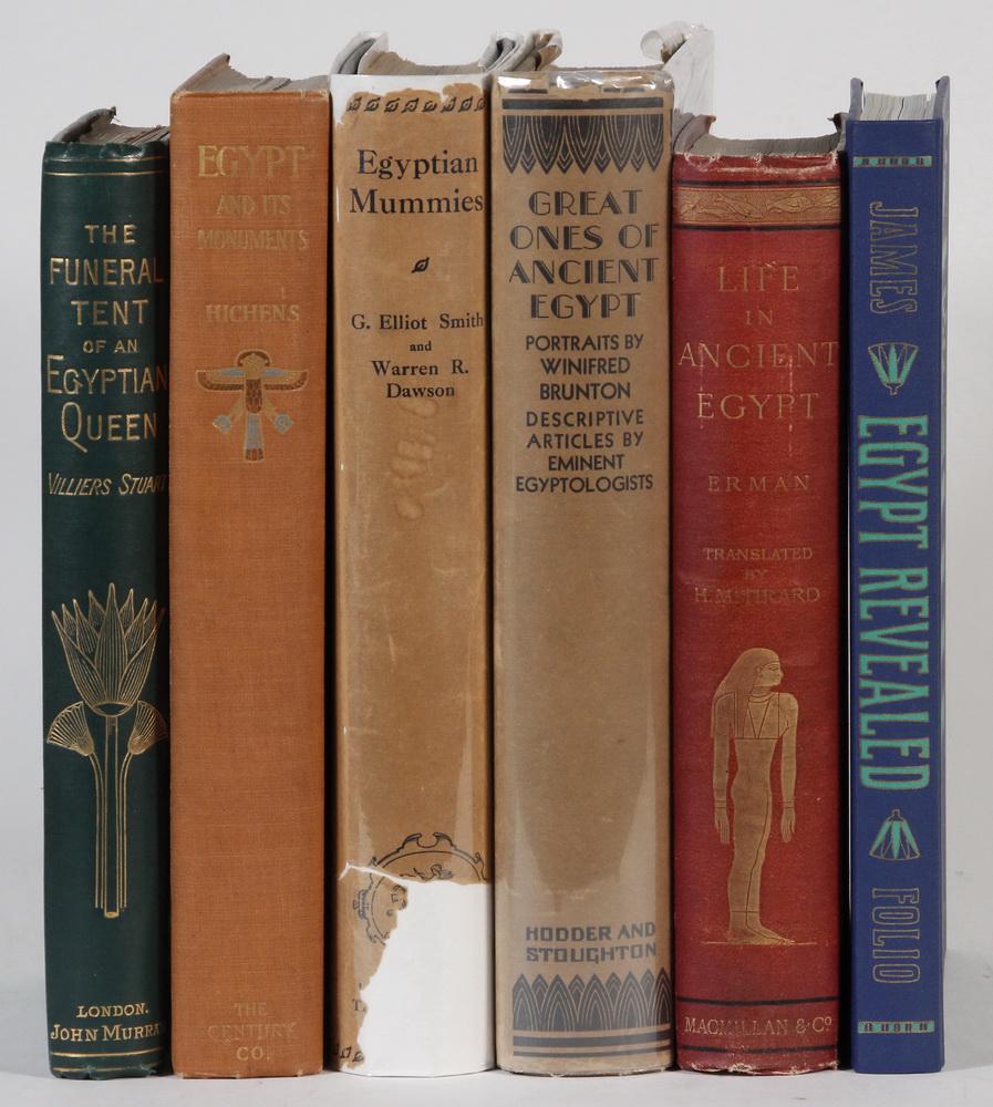(6) BOOKS ON EGYPT: Including: "The Funeral Tent of an Egyptian Queen" by Villiers Stuart, London, John Murray, 1882, loose map; PLUS "Egypt and Its Monuments" by Robert Hichens, New York, The Century Co., 1908; PLUS "Eg
