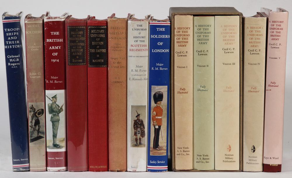 (9) TITLES IN (13 VOLS) BRITISH MILITARY UNIFORMS: Including: (5 vol set) "A History of the uniforms of the British Army" by Cecil C.P. Lawson; Norman Military Publications, 1962-1966, in dustjacket, vols 1-3 in slipcase; PLUS "The Soldiers of London"