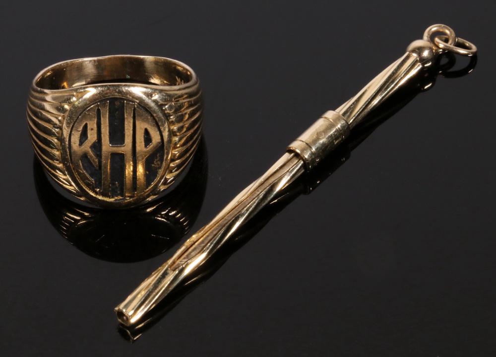 (1) GOLD TOOTHPICK AND (1) GENT'S RING IN 14K GOLD (1 of 4)