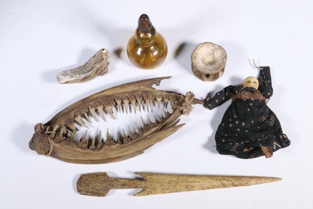 (6 PCS) "GRANDPA MILLER'S ALASKAN MEMENTOS": Circa 1900, including: Inuit Made Tiny Doll with carved walrus tusk head, leather body, cloth dress, 3" tall; PLUS Whalebone Awl with barbed and spatulate handle, 7 1/2" long; PLUS a Pair of Fish Jawb