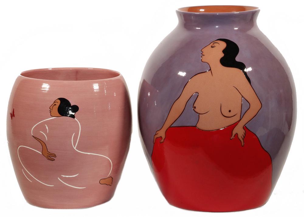 (2) VASES BY R.C. GORMAN (NM/AZ/CA, 1932-2005): (2) Native American Crafted Limited Edition Ceramic Vases by R.C. Gorman, hand cast with intaglio decoration, including: "Mariposa", #95/100, dated 1993, depicting a seated woman on a plum background 
