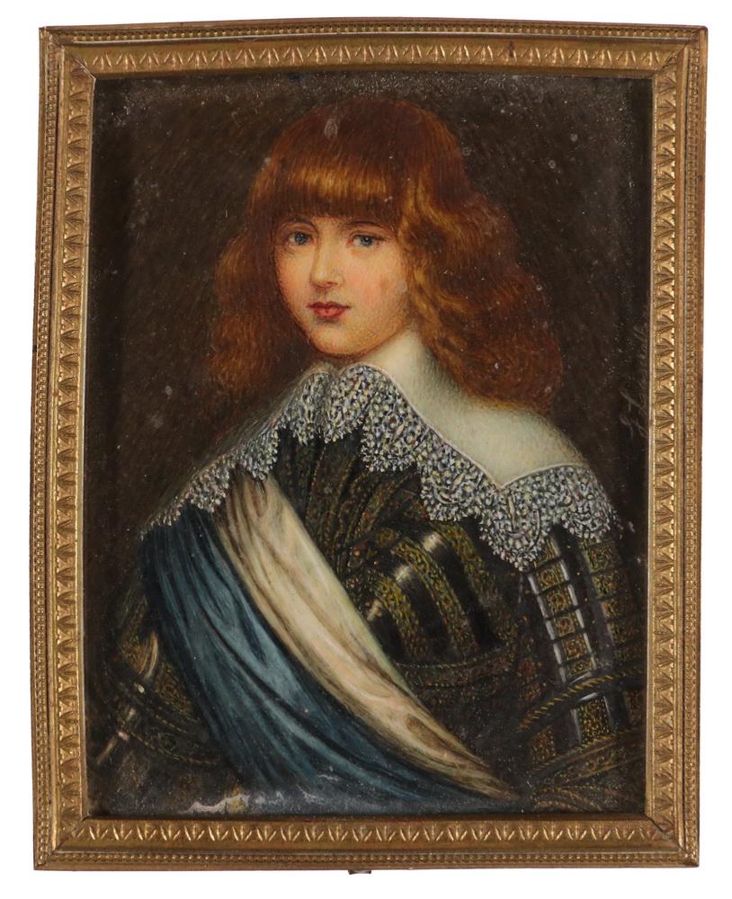 19TH C. ENGLISH MINIATURE PORTRAIT: The Young Charles II of England in exile in France, waist length, oil, unsigned, he is depicted in armor with lace collar, blue and white sash, red hair to his shoulders, blue eyes fixed on the viewer