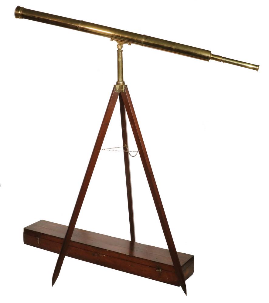 19TH C. BRITISH ASTRONOMICAL TELESCOPE WITH CASE AND: Unmarked Solid Brass Telescope with 3" objective, the main tube in three segments with cogged receiver for finer tube, wheel adjustment, 52" main tube, 18 3/4" smaller tube, unscrews at lens for clean